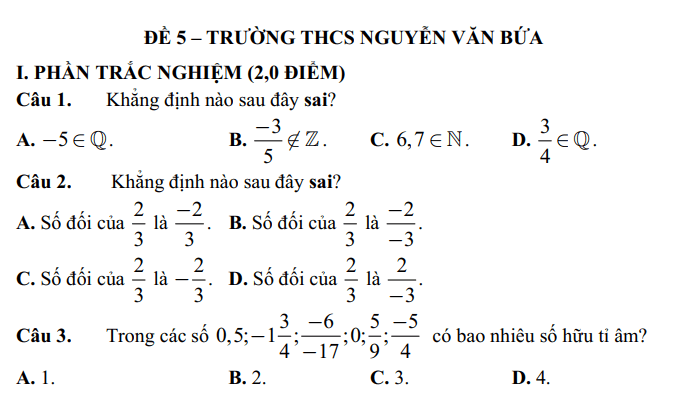 Đề thi Giữa kì 1 Toán 7 năm 2024-2025 Trường THCS Nguyễn Văn Bứa (Tp.HCM)