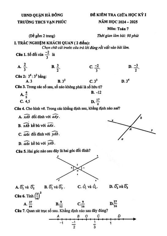 Đề thi Giữa kì 1 Toán 7 năm 2024-2025 Trường THCS Vạn Phúc - Hà Nội
