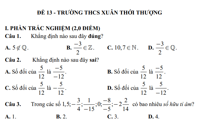 Đề thi Giữa kì 1 Toán 7 năm 2024-2025 Trường THCS Xuân Thới Thượng (Tp.HCM)