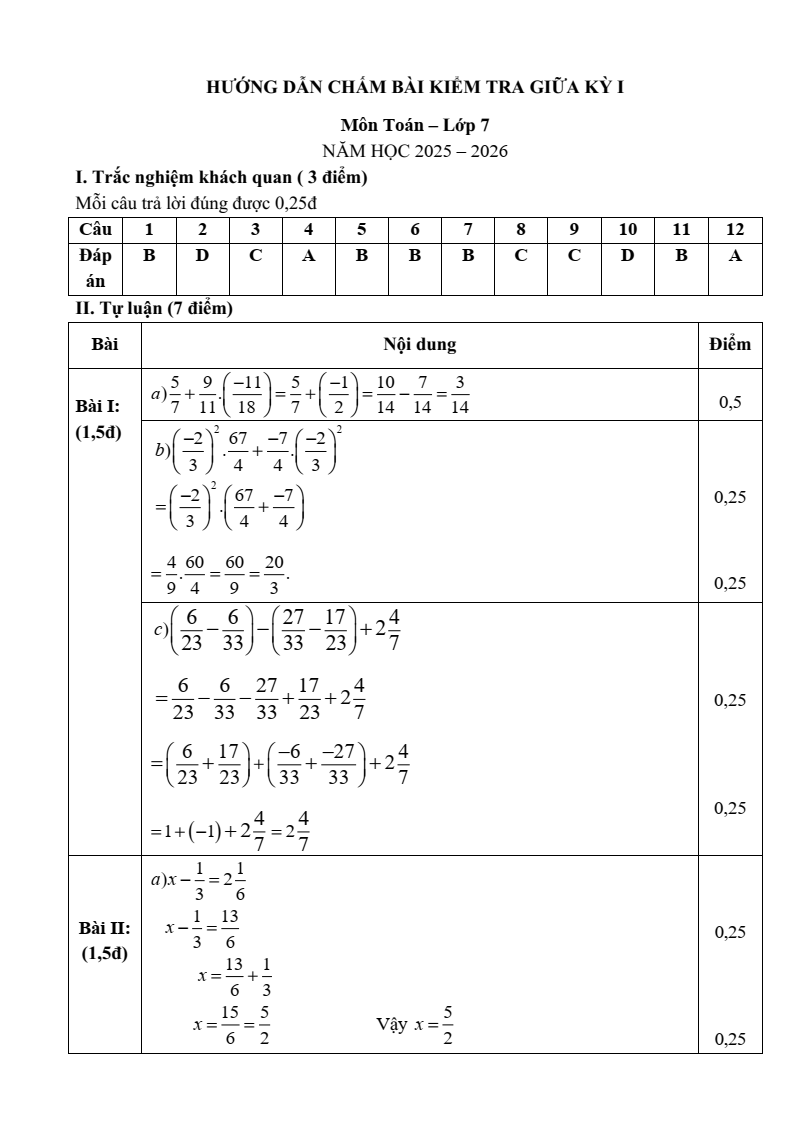 Đề thi Giữa kì 1 Toán 7 THCS Phúc Hòa năm 2025-2026