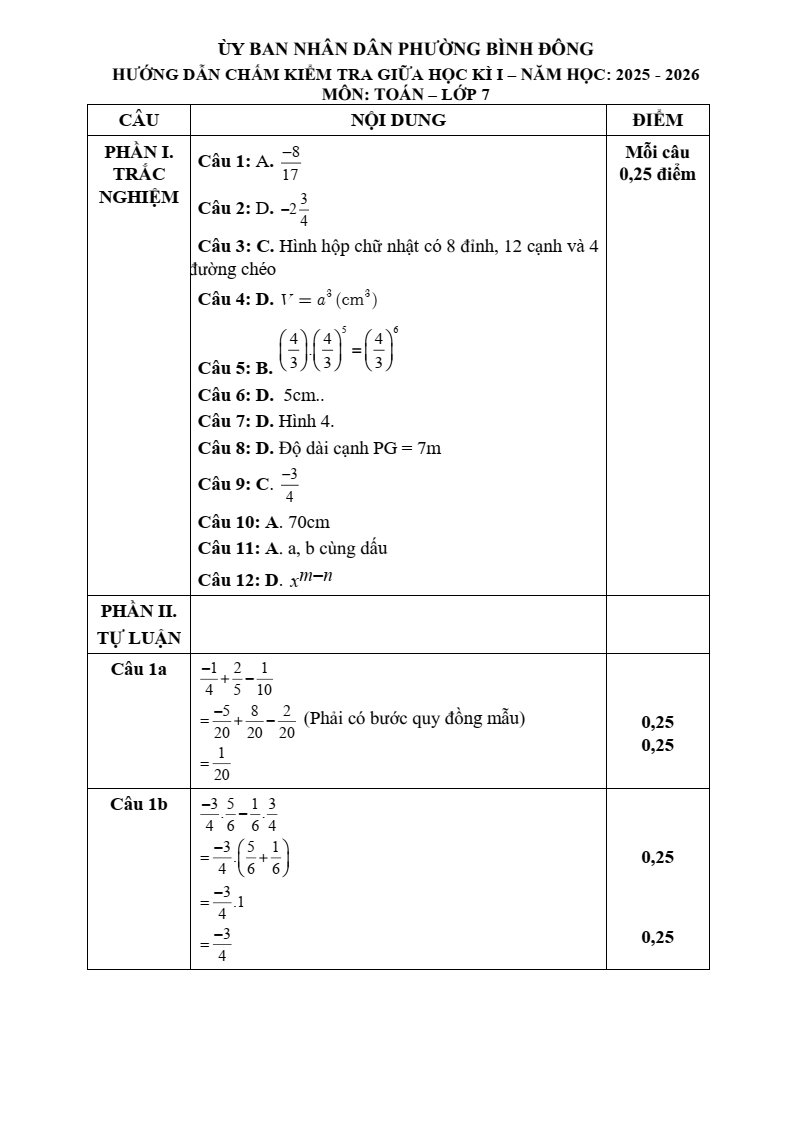 Đề thi Giữa kì 1 Toán 7 THCS Phú Lợi năm 2025-2026