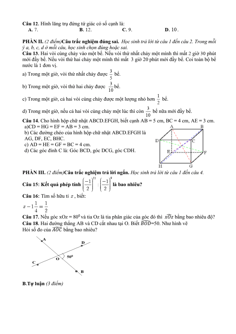Đề thi Giữa kì 1 Toán 7 TH&THCS Cầu Mây năm 2025-2026