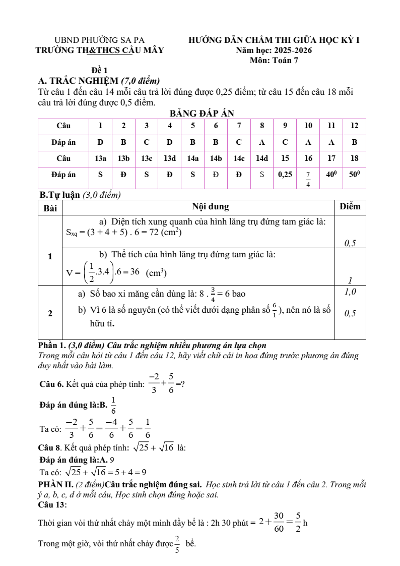 Đề thi Giữa kì 1 Toán 7 TH&THCS Cầu Mây năm 2025-2026