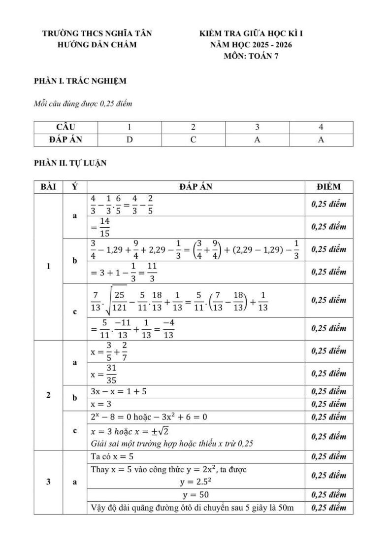 Đề thi Giữa kì 1 Toán 7 THCS Nghĩa Tân năm 2025-2026