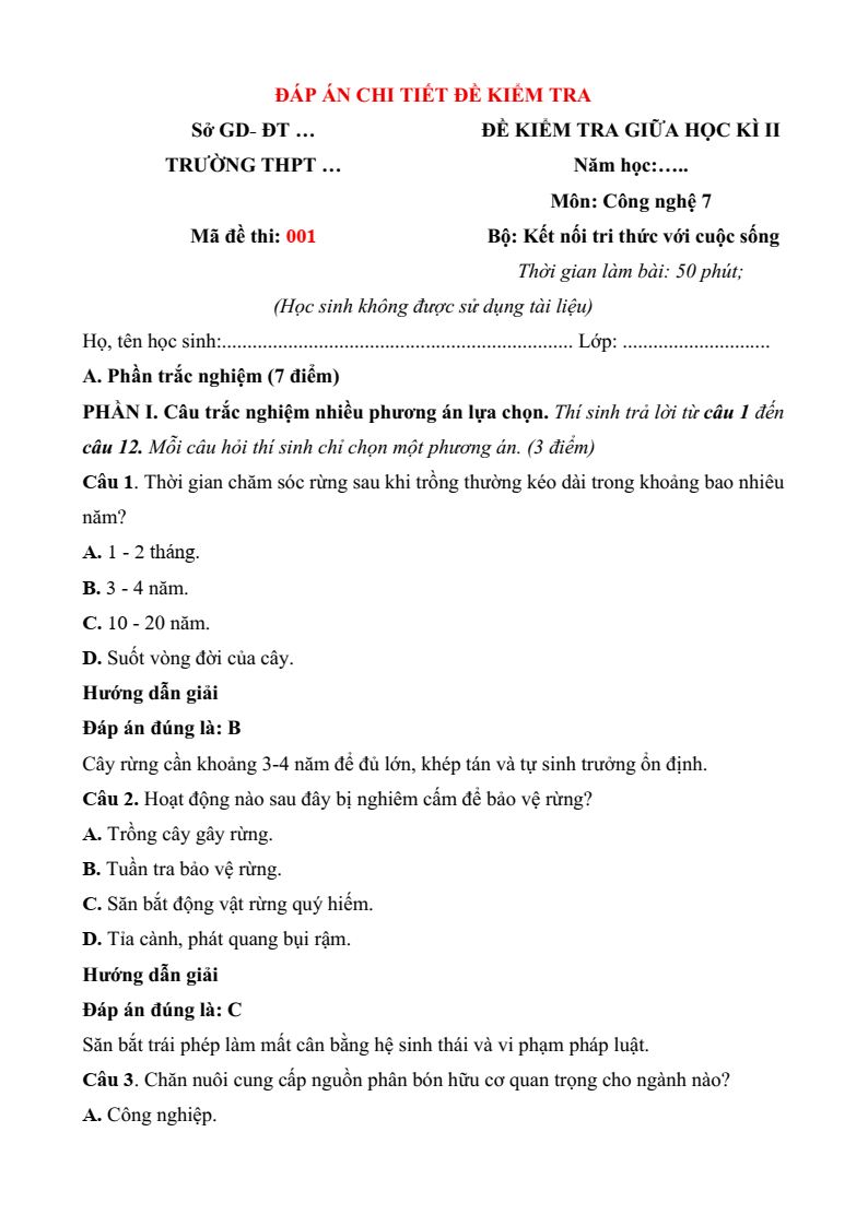 3 Đề thi Giữa kì 2 Công nghệ 7 Kết nối tri thức năm 2026 (có đáp án)