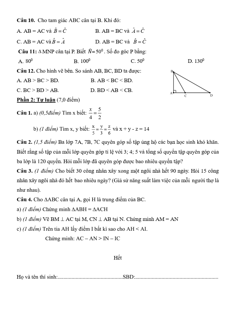 Đề thi Giữa kì 2 Toán 7 phòng GD&ĐT Bình Thạnh (Tp.HCM) năm 2023-2024