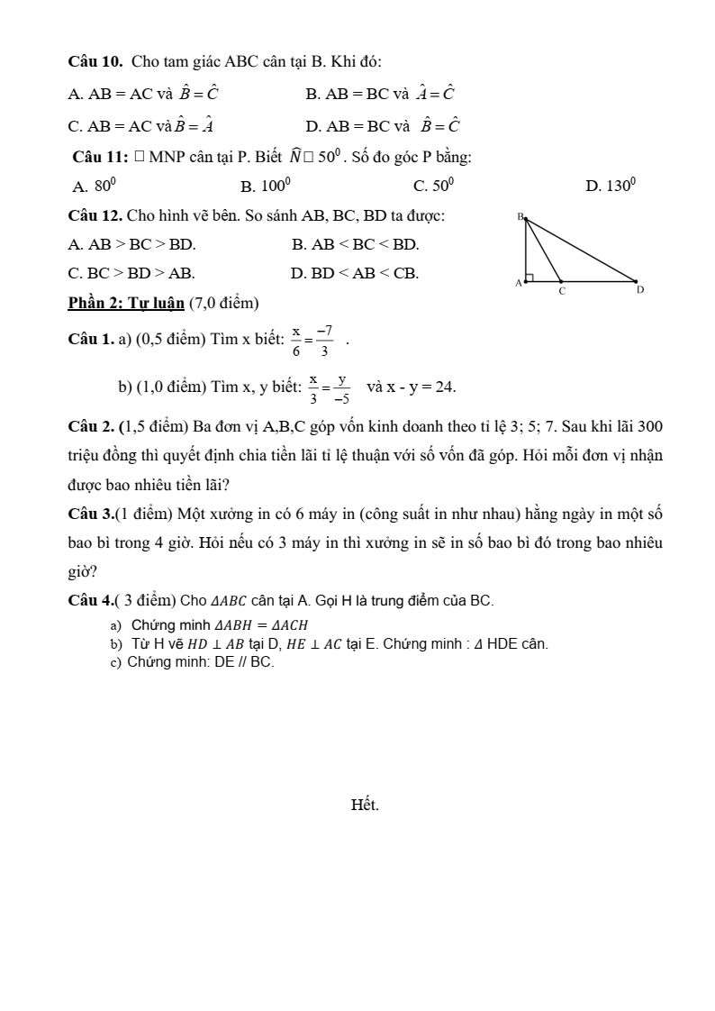 Đề thi Giữa kì 2 Toán 7 phòng GD&ĐT Bình Thạnh (Tp.HCM) năm 2024-2025
