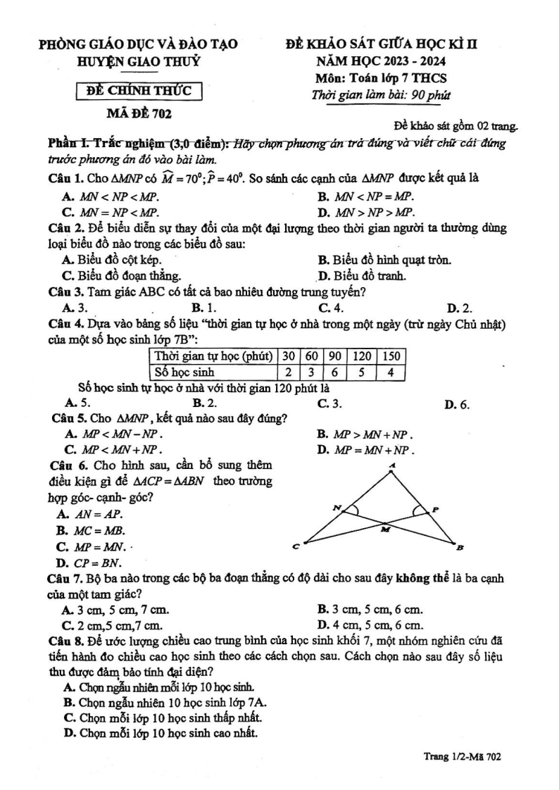 Đề thi Giữa kì 2 Toán 7 phòng GD&ĐT Giao Thuỷ (Nam Định) năm 2023-2024