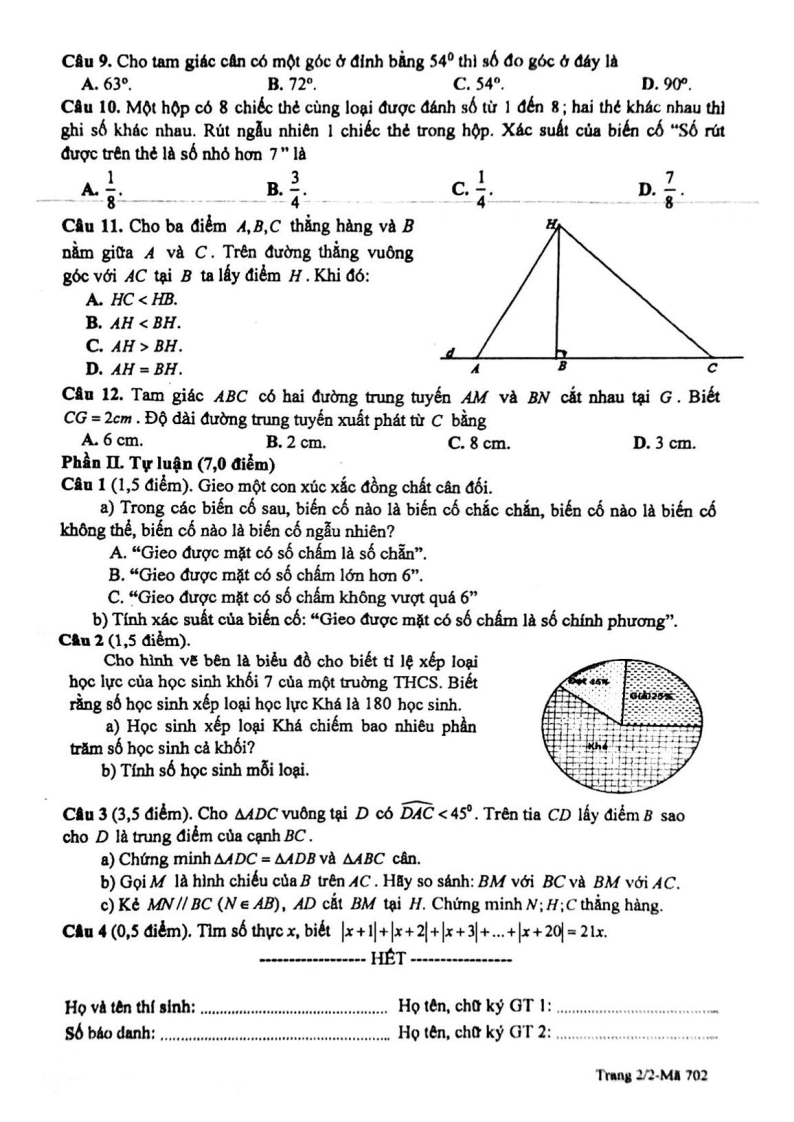 Đề thi Giữa kì 2 Toán 7 phòng GD&ĐT Giao Thuỷ (Nam Định) năm 2023-2024