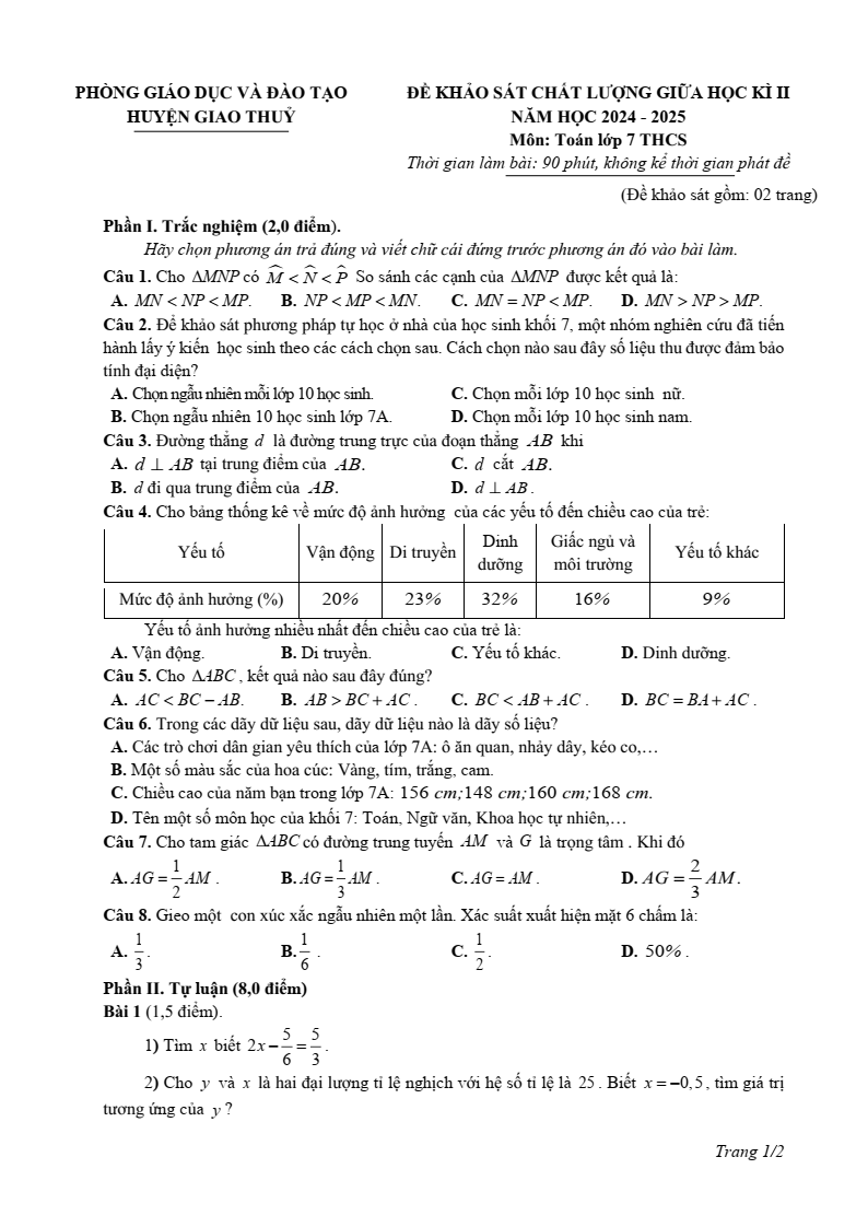 Đề thi Giữa kì 2 Toán 7 phòng GD&ĐT Giao Thủy (Nam Định) năm 2024-2025
