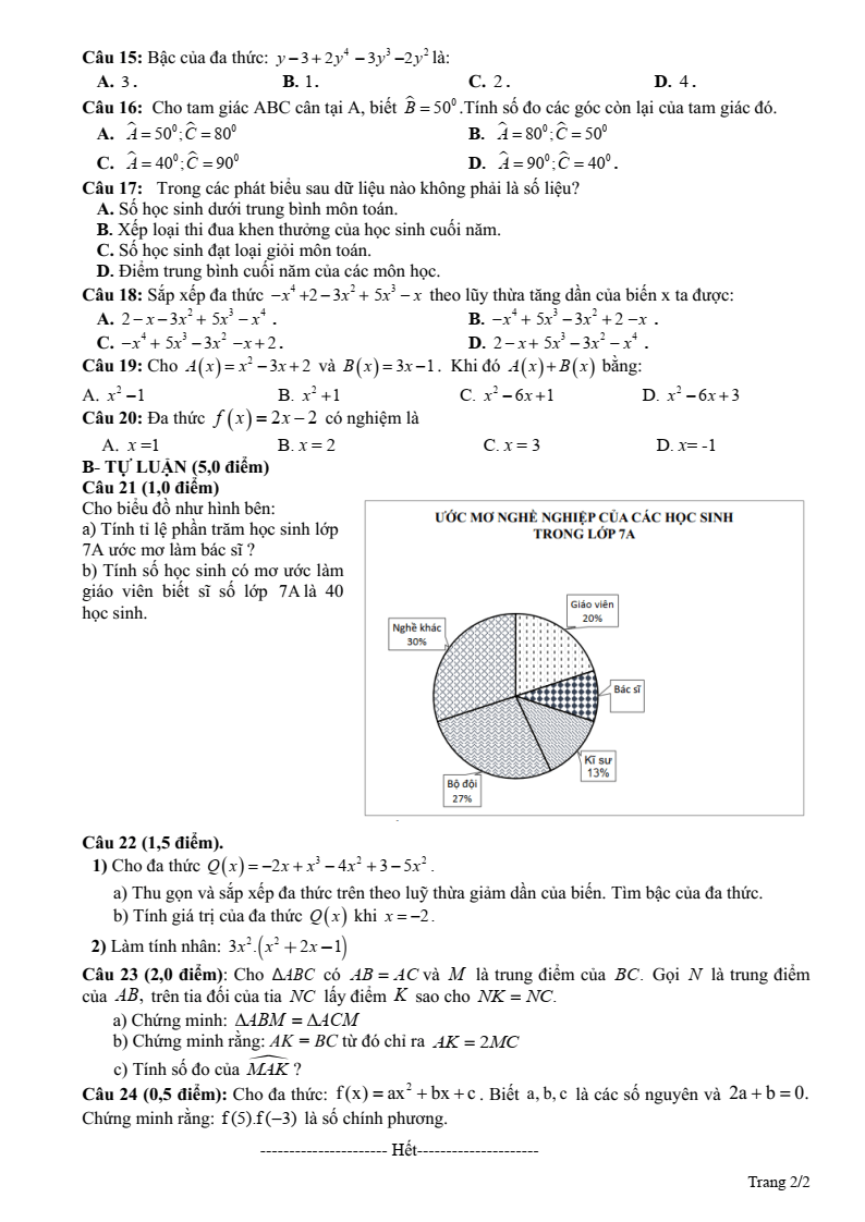 Đề thi Giữa kì 2 Toán 7 phòng GD&ĐT Hiệp Hòa (Bắc Giang) năm 2023-2024