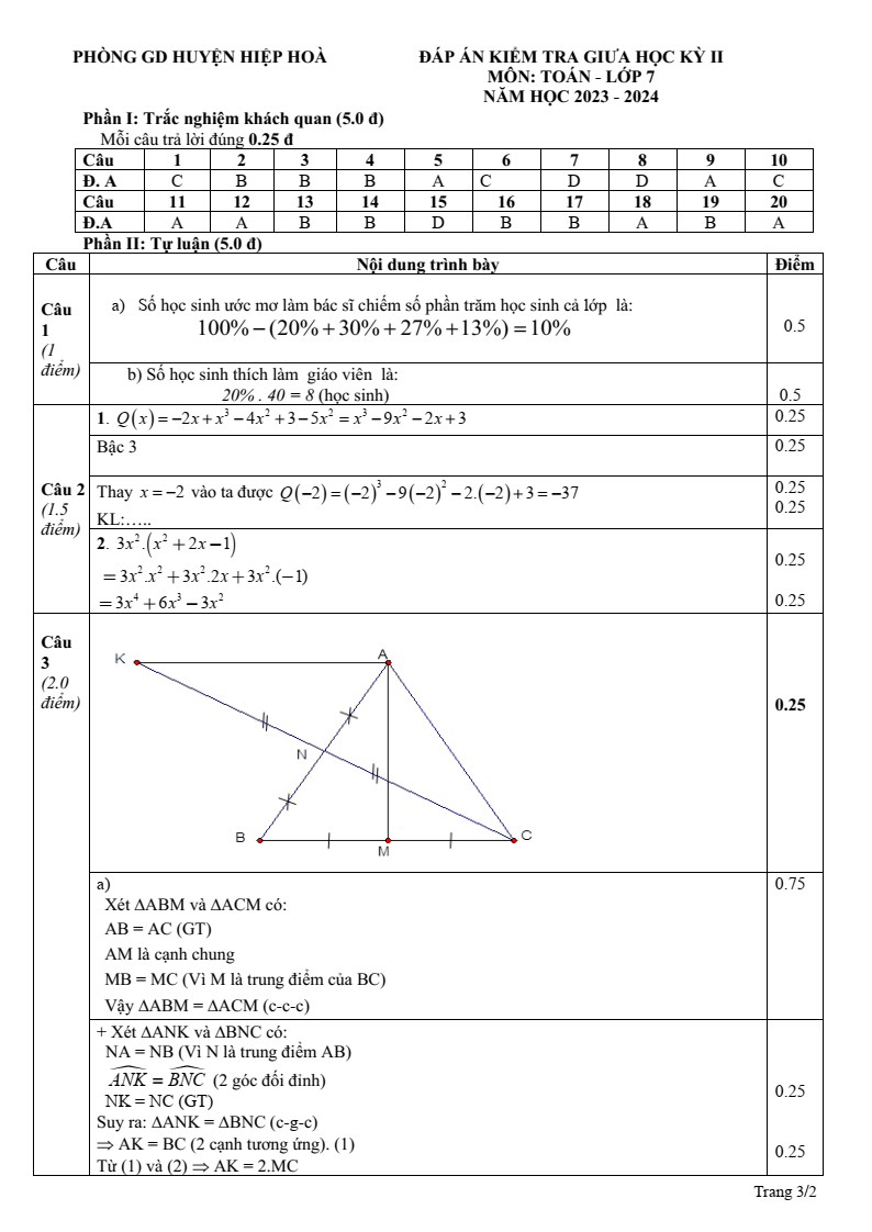 Đề thi Giữa kì 2 Toán 7 phòng GD&ĐT Hiệp Hòa (Bắc Giang) năm 2023-2024