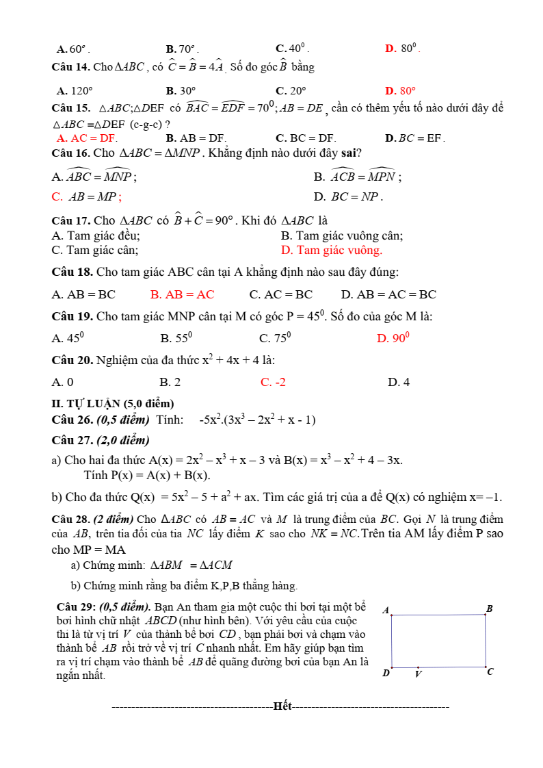 Đề thi Giữa kì 2 Toán 7 phòng GD&ĐT Lục Nam (Bắc Giang) năm 2023-2024