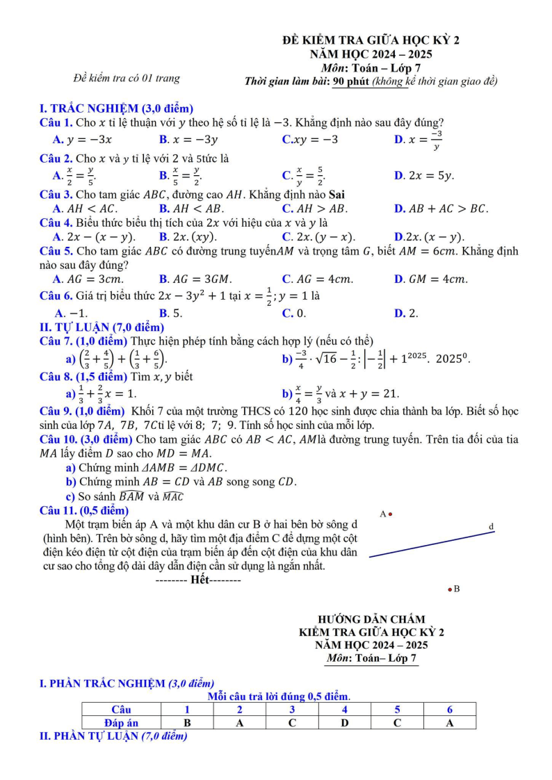 Đề thi Giữa kì 2 Toán 7 phòng GD&ĐT Lương Tài (Bắc Ninh) năm 2024-2025