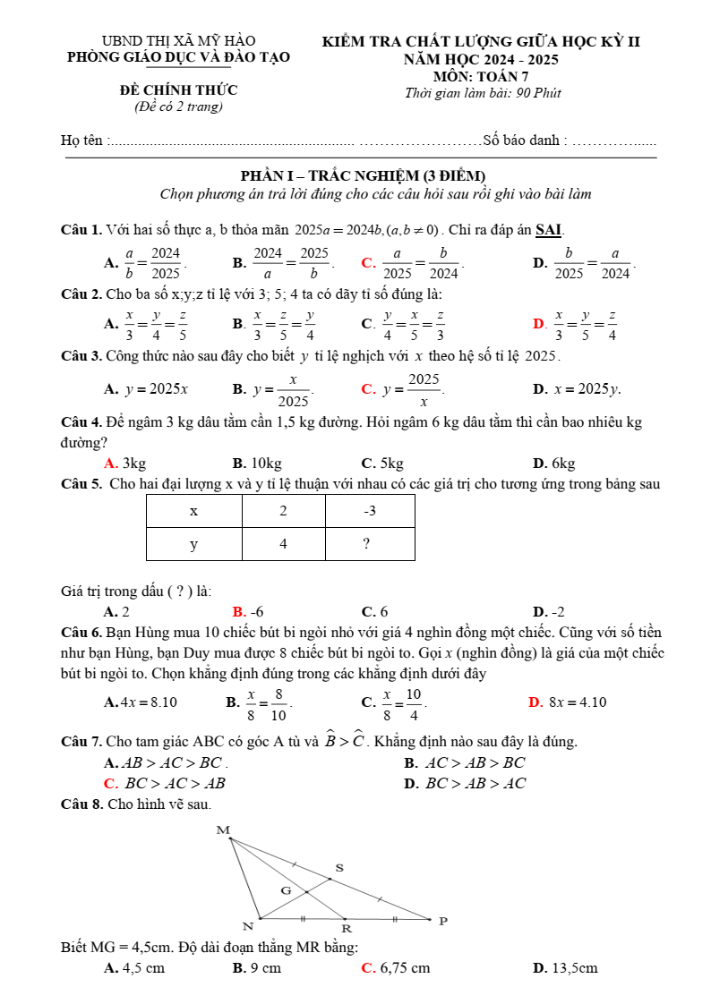 Đề thi Giữa kì 2 Toán 7 phòng GD&ĐT Mỹ Hào (Hưng Yên) năm 2024-2025