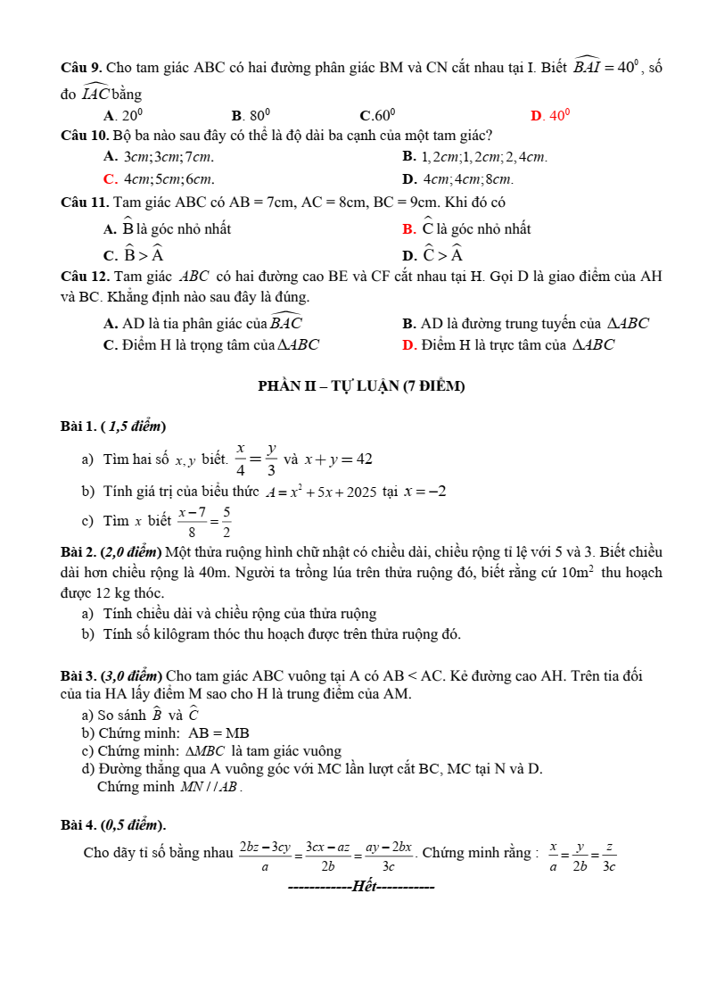 Đề thi Giữa kì 2 Toán 7 phòng GD&ĐT Mỹ Hào (Hưng Yên) năm 2024-2025