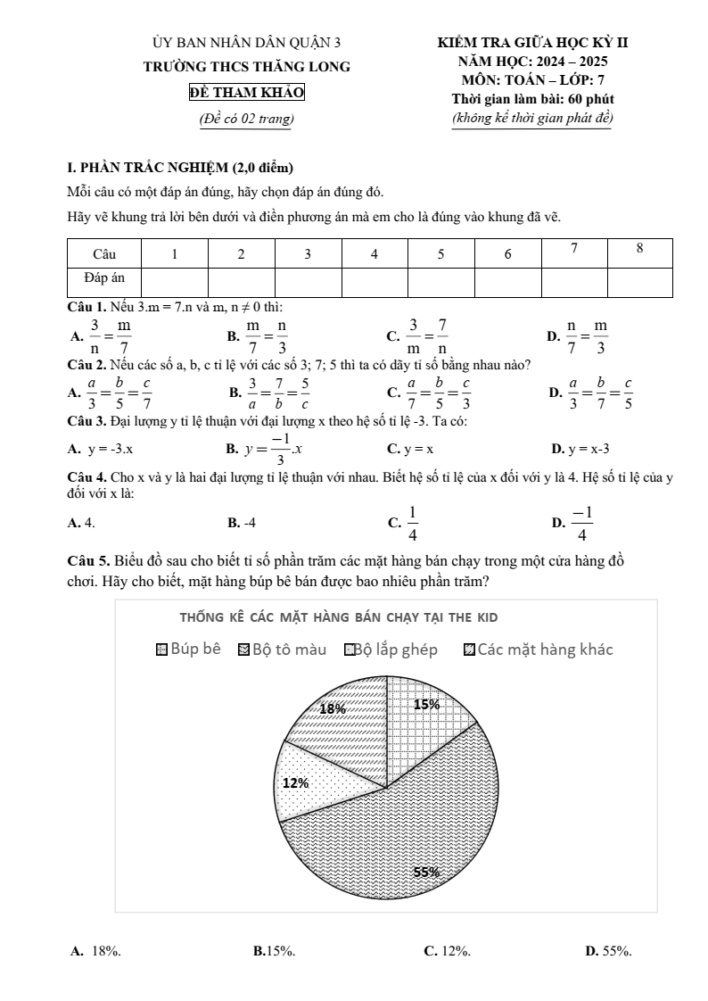 Đề thi Giữa kì 2 Toán 7 phòng GD&ĐT Quận 3 (Tp.HCM) năm 2024-2025