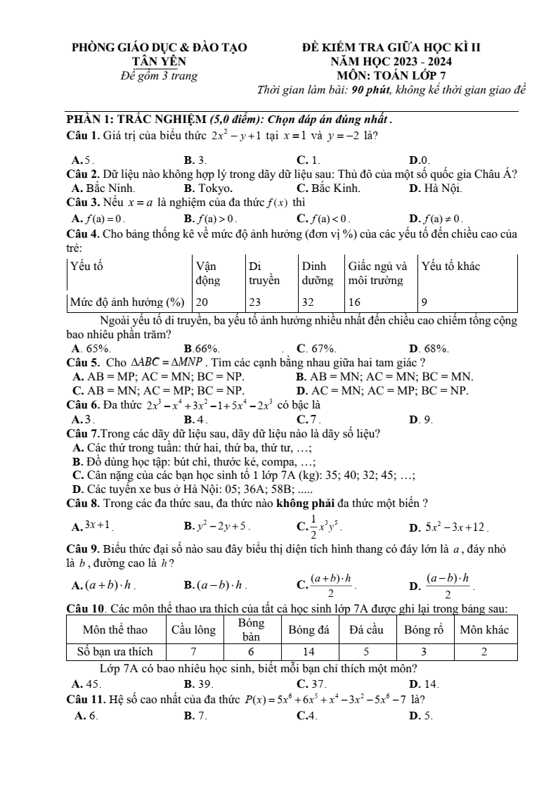 Đề thi Giữa kì 2 Toán 7 phòng GD&ĐT Tân Yên (Bắc Giang) năm 2023-2024