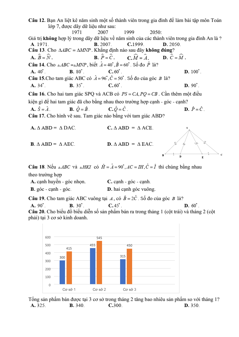 Đề thi Giữa kì 2 Toán 7 phòng GD&ĐT Tân Yên (Bắc Giang) năm 2023-2024