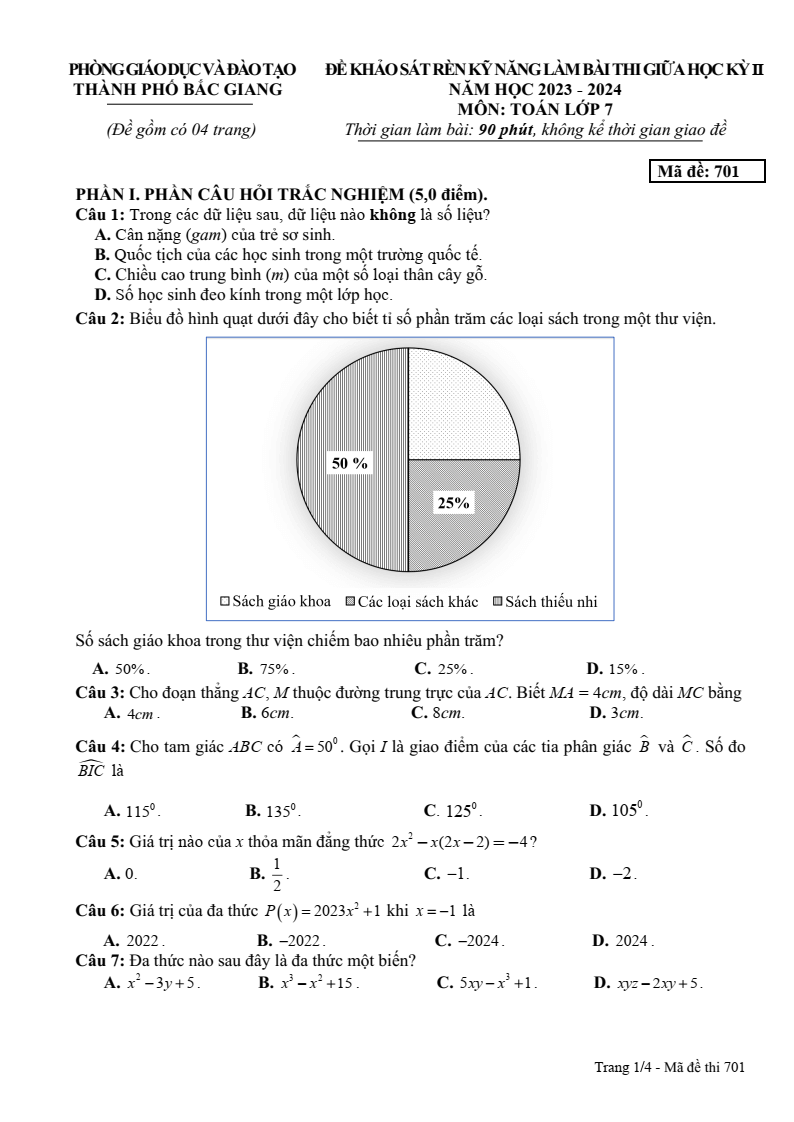 Đề thi Giữa kì 2 Toán 7 phòng GD&ĐT thành phố Bắc Giang năm 2023-2024