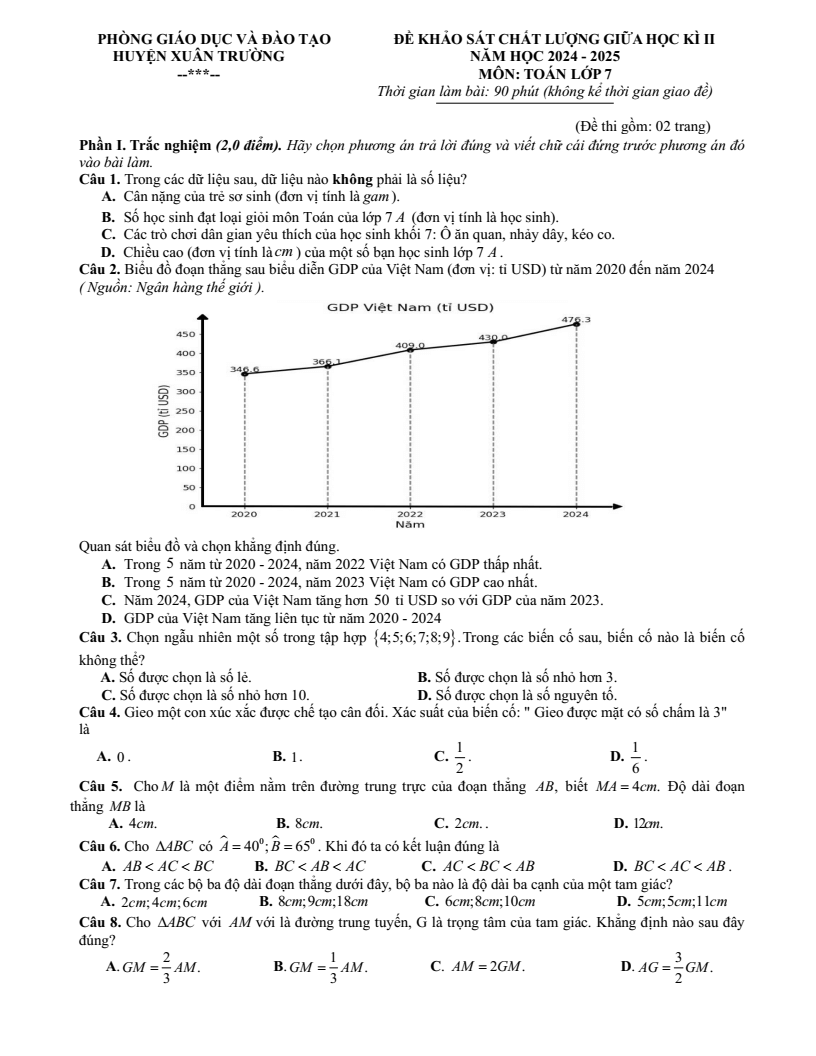 Đề thi Giữa kì 2 Toán 7 phòng GD&ĐT Xuân Trường (Nam Định) năm 2024-2025
