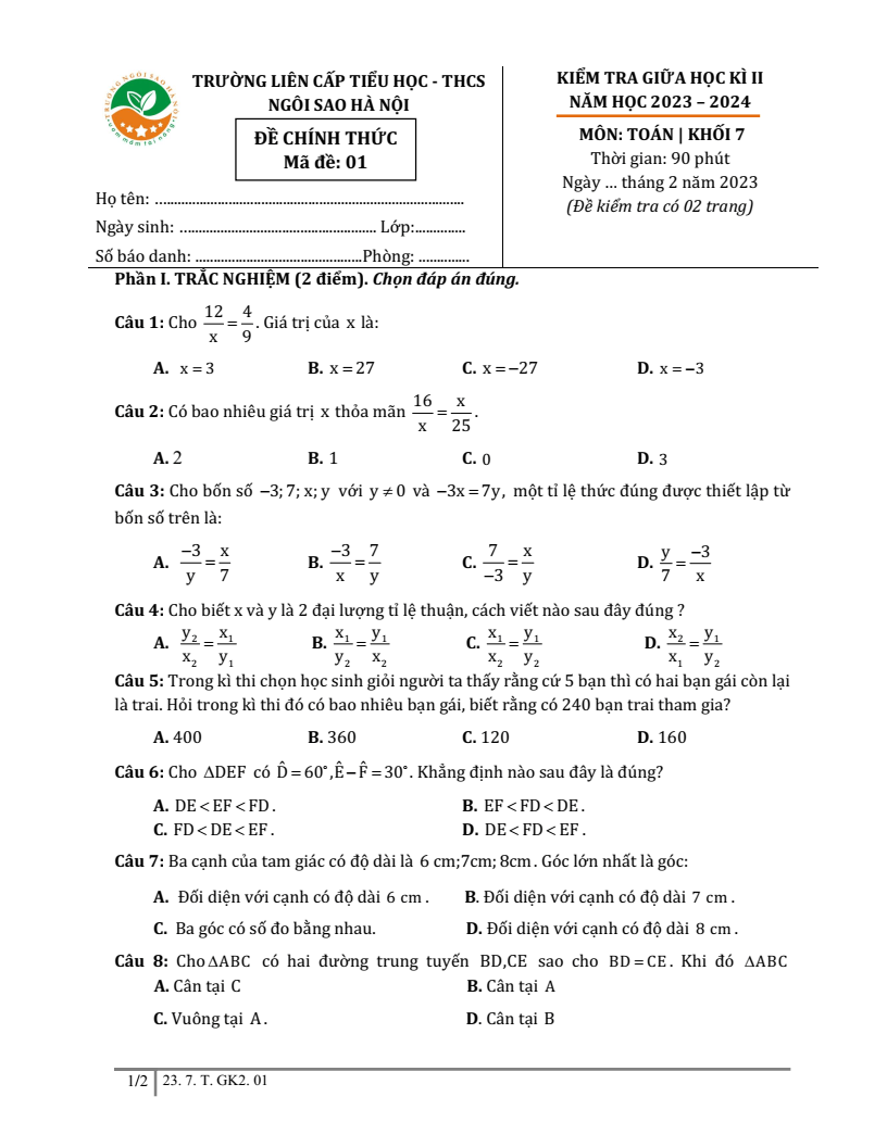 Đề thi Giữa kì 2 Toán 7 trường TH&THCS Ngôi Sao (Hà Nội) năm 2023-2024