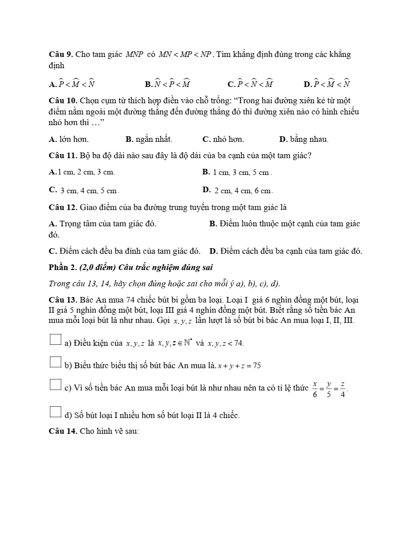 Đề thi Giữa kì 2 Toán 7 trường TH&THCS Quất Lưu (Vĩnh Phúc) năm 2024-2025