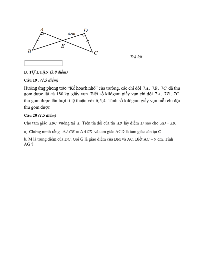 Đề thi Giữa kì 2 Toán 7 trường TH&THCS Quất Lưu (Vĩnh Phúc) năm 2024-2025