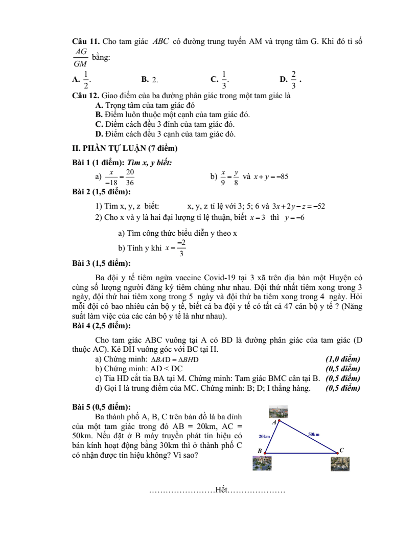 Đề thi Giữa kì 2 Toán 7 trường THCS Bát Tràng (Hà Nội) năm 2023-2024