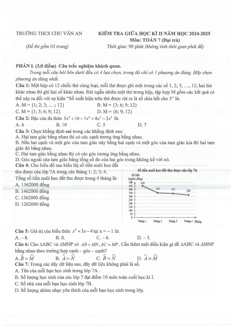 Đề thi Giữa kì 2 Toán 7 trường THCS Chu Văn An (Bình Dương) năm 2024-2025
