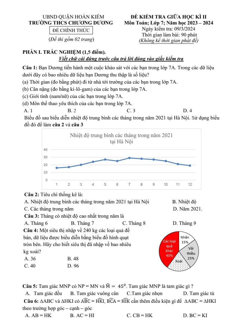 Đề thi Giữa kì 2 Toán 7 trường THCS Chương Dương (Hà Nội) năm 2023-2024