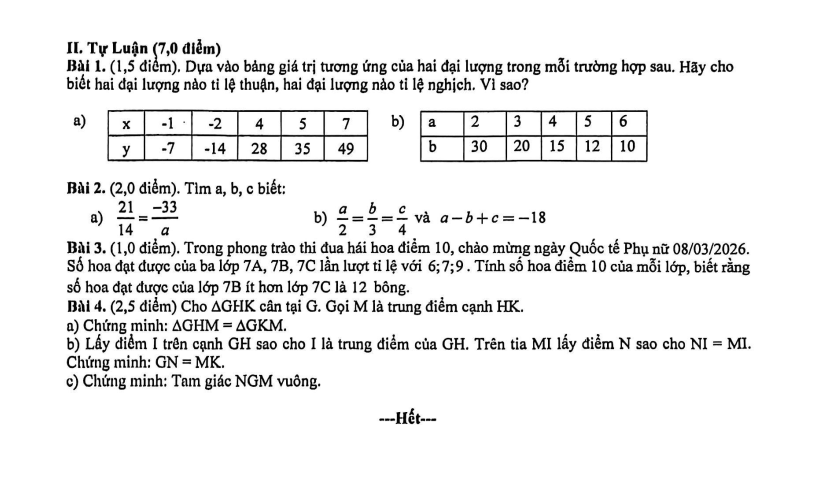 Đề thi Giữa kì 2 Toán 7 trường THCS Đặng Tấn Tài (TP HCM) năm 2025-2026