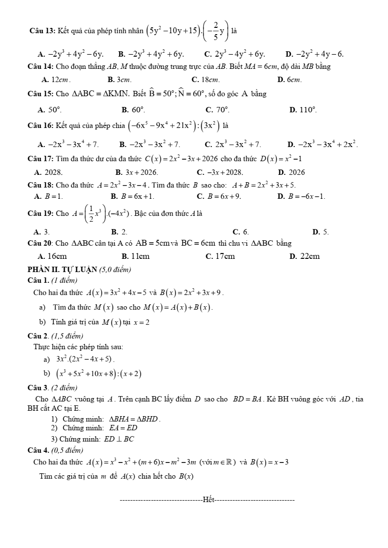 Đề thi Giữa kì 2 Toán 7 trường THCS Đồi Ngô (Bắc Ninh) năm 2025-2026