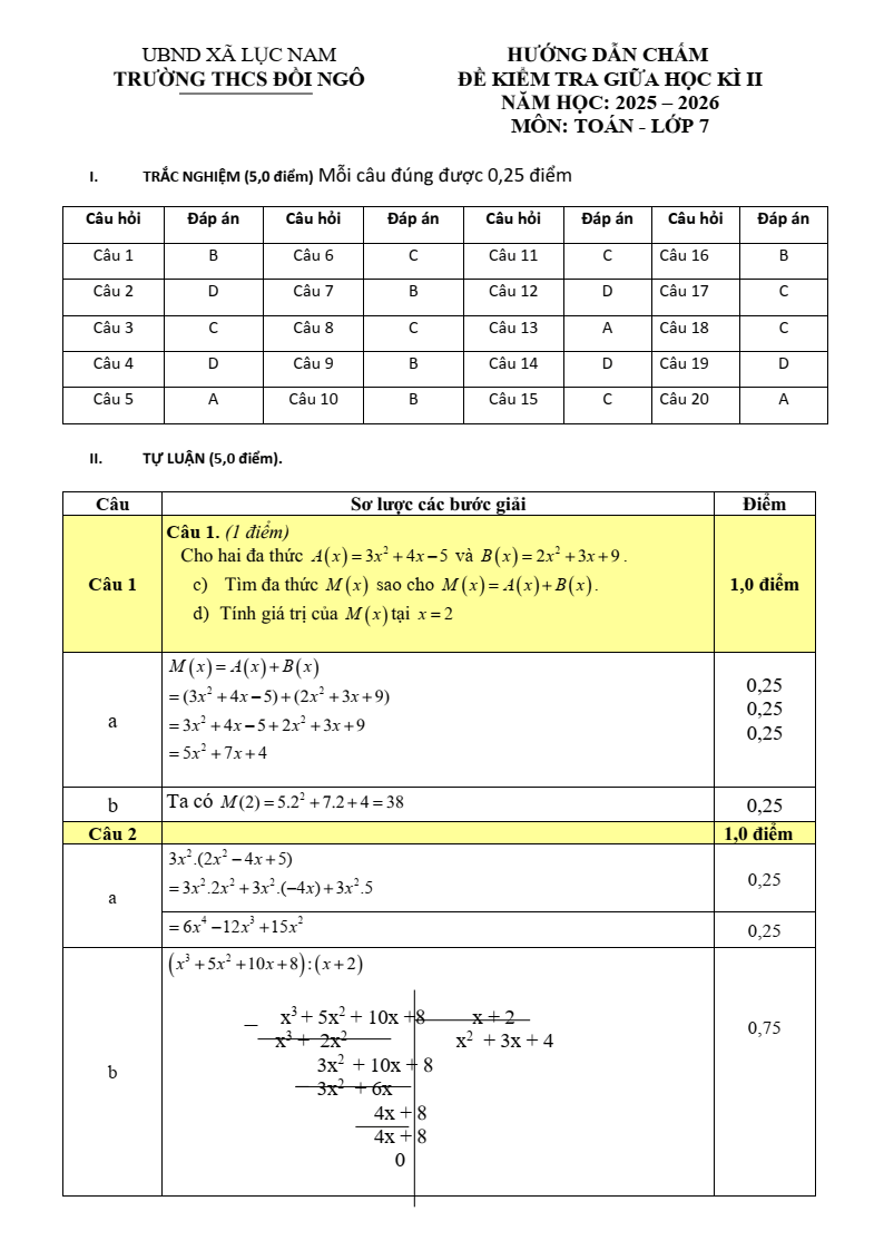 Đề thi Giữa kì 2 Toán 7 trường THCS Đồi Ngô (Bắc Ninh) năm 2025-2026