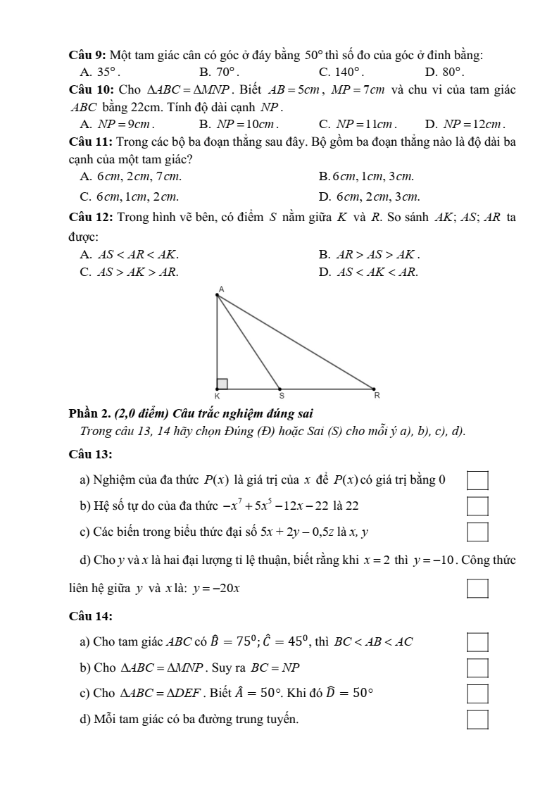 Đề thi Giữa kì 2 Toán 7 trường THCS Động Đạt I (Thái Nguyên) năm 2025-2026