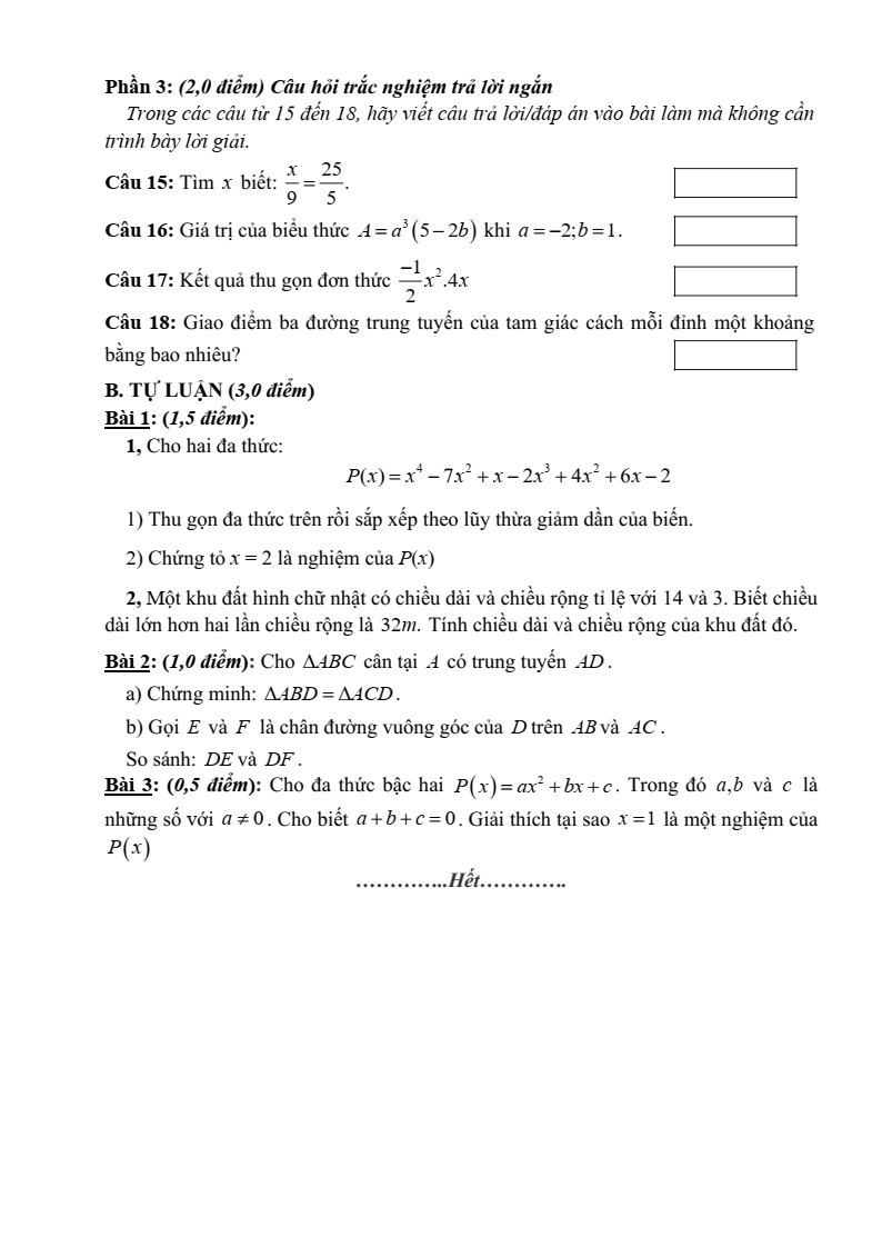 Đề thi Giữa kì 2 Toán 7 trường THCS Động Đạt I (Thái Nguyên) năm 2025-2026