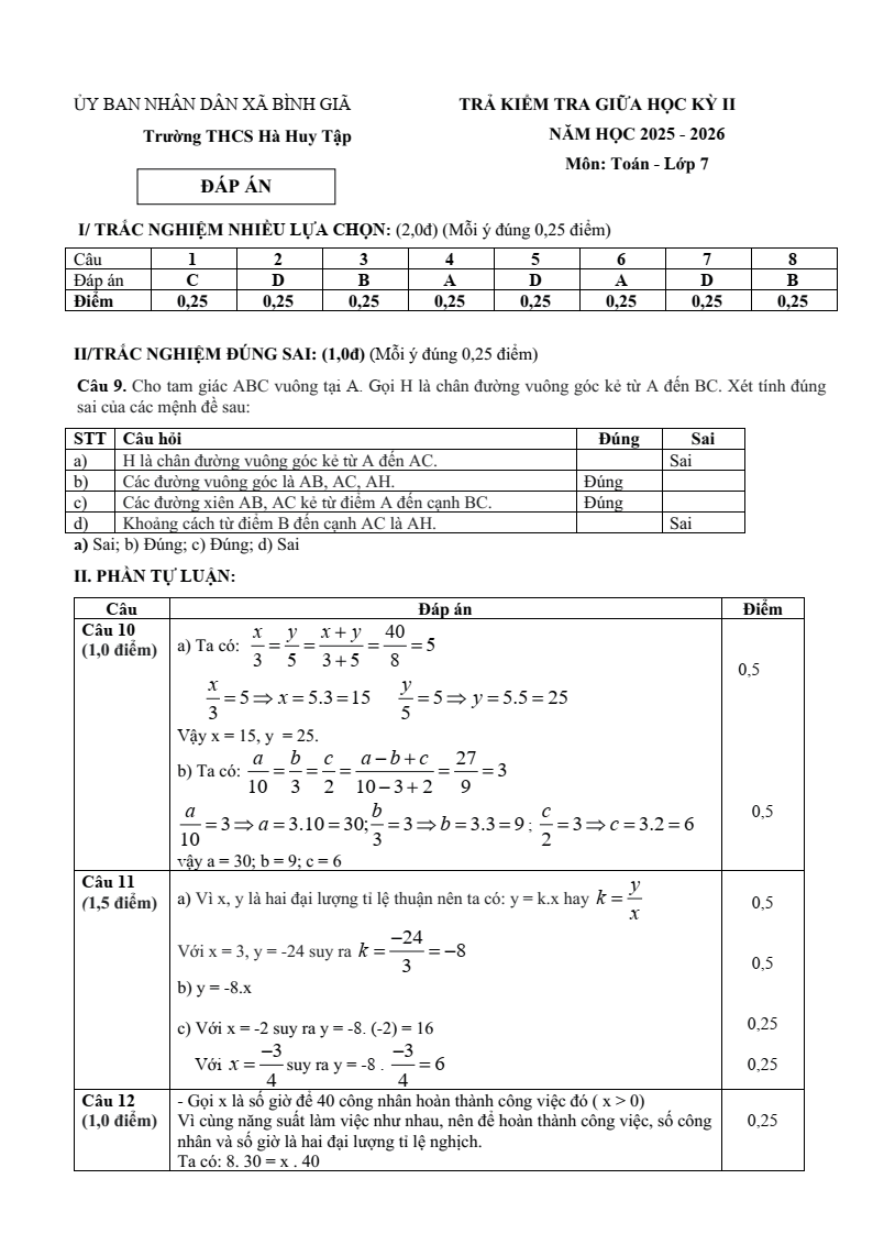Đề thi Giữa kì 2 Toán 7 trường THCS Hà Huy Tập (TP HCM) năm 2025-2026