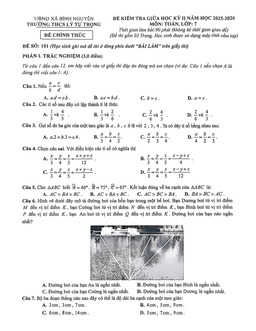 Đề thi Giữa kì 2 Toán 7 trường THCS Lý Tự Trọng (Phú Thọ) năm 2025-2026