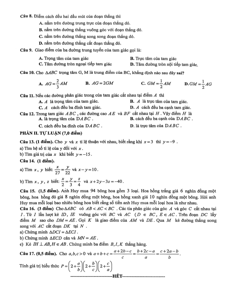 Đề thi Giữa kì 2 Toán 7 trường THCS Lý Tự Trọng (Phú Thọ) năm 2025-2026