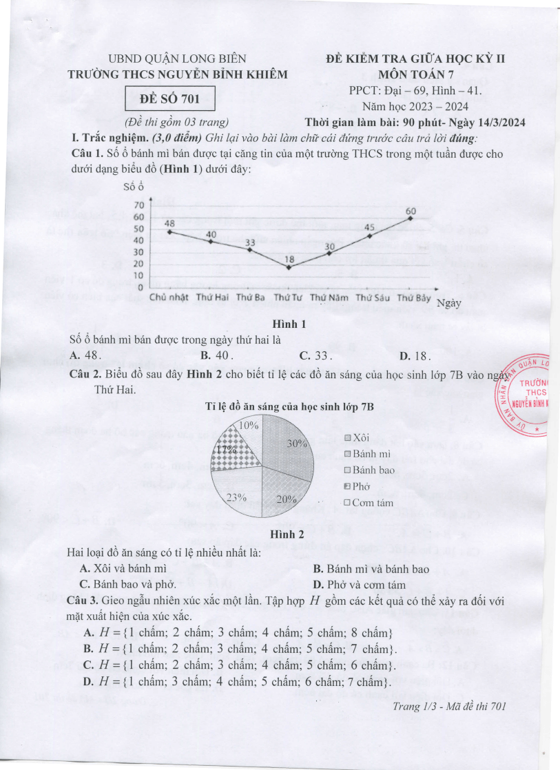 Đề thi Giữa kì 2 Toán 7 trường THCS Nguyễn Bỉnh Khiêm (Hà Nội) năm 2023-2024