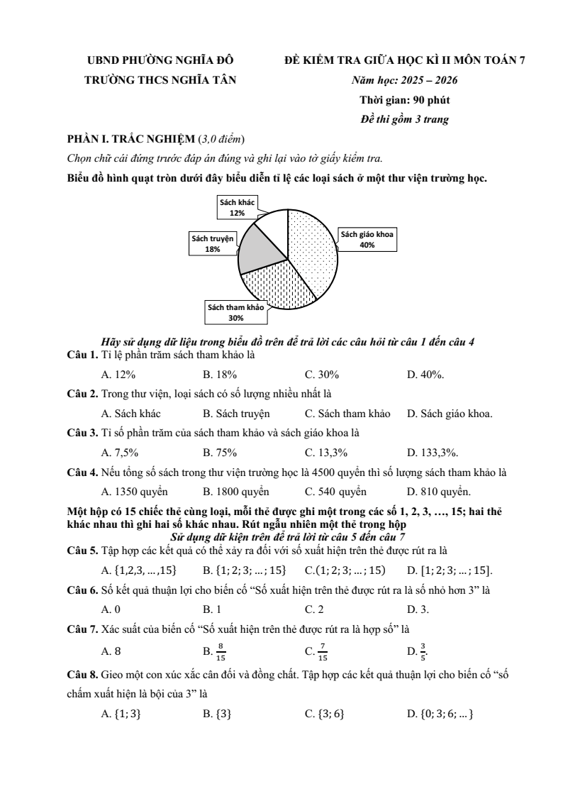 Đề thi Giữa kì 2 Toán 7 trường THCS Nghĩa Tân (Hà Nội) năm 2025-2026