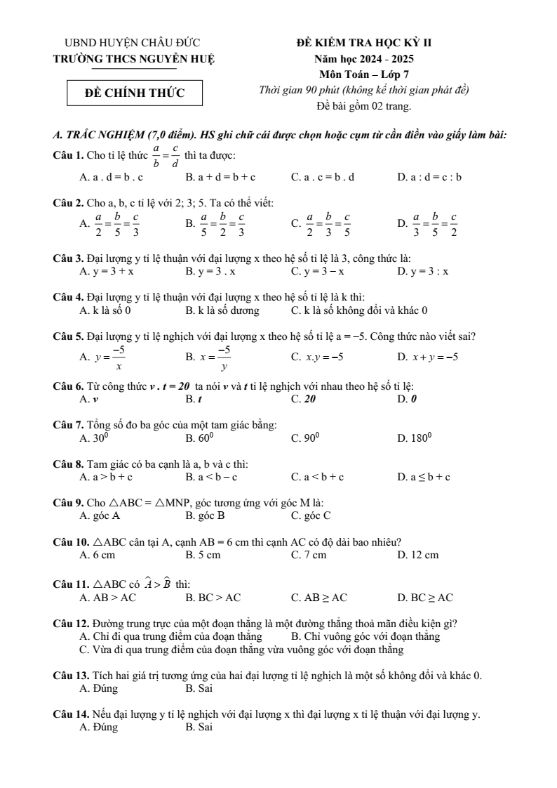 Đề thi Giữa kì 2 Toán 7 trường THCS Nguyễn Huệ (Bà Rịa - Vũng Tàu) năm 2024-2025
