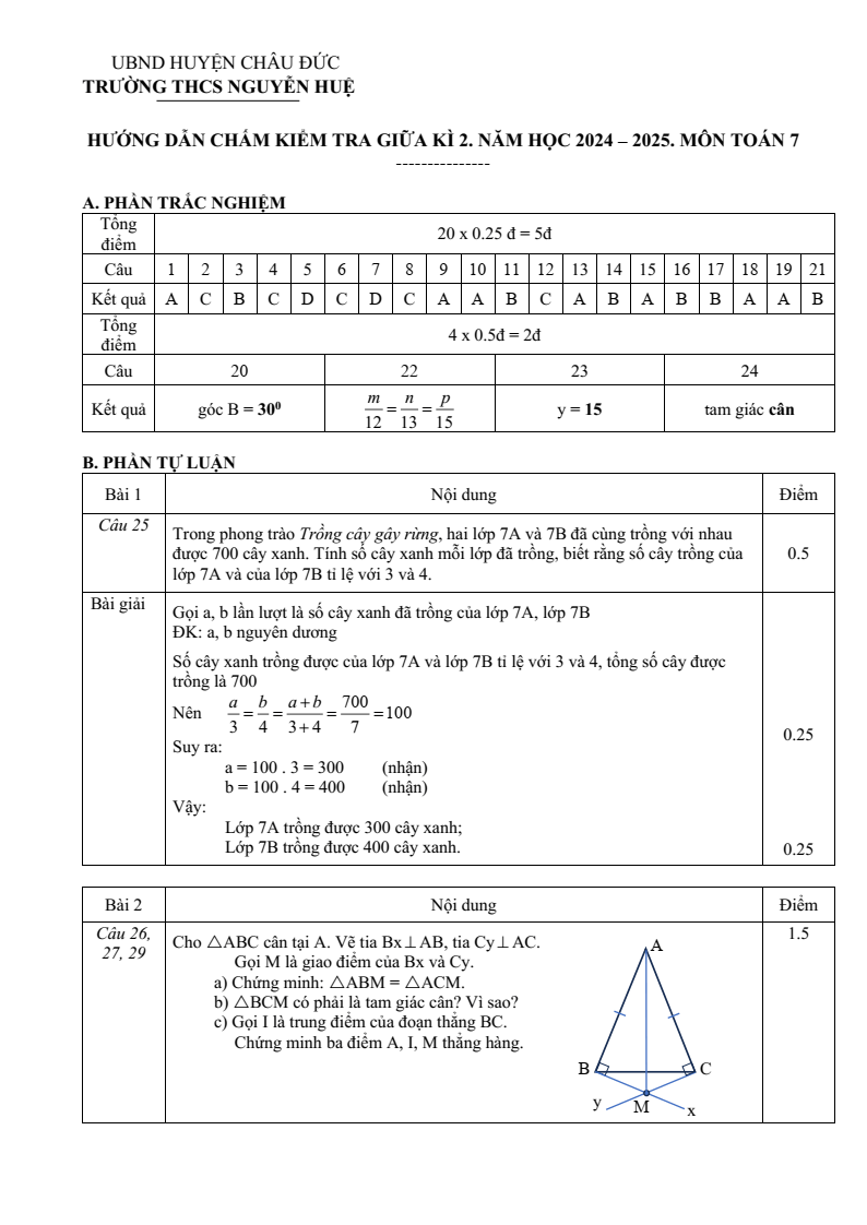 Đề thi Giữa kì 2 Toán 7 trường THCS Nguyễn Huệ (Bà Rịa - Vũng Tàu) năm 2024-2025