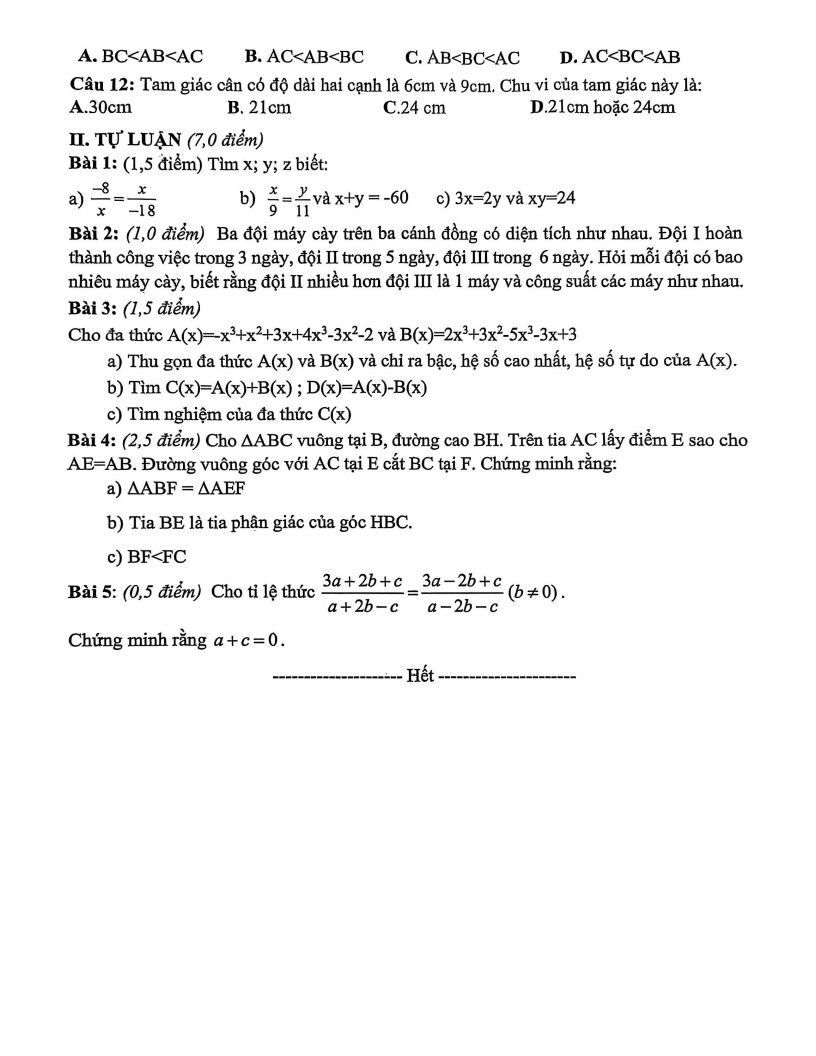 Đề thi Giữa kì 2 Toán 7 trường THCS Nguyễn Trãi (Hà Nội) năm 2025-2026