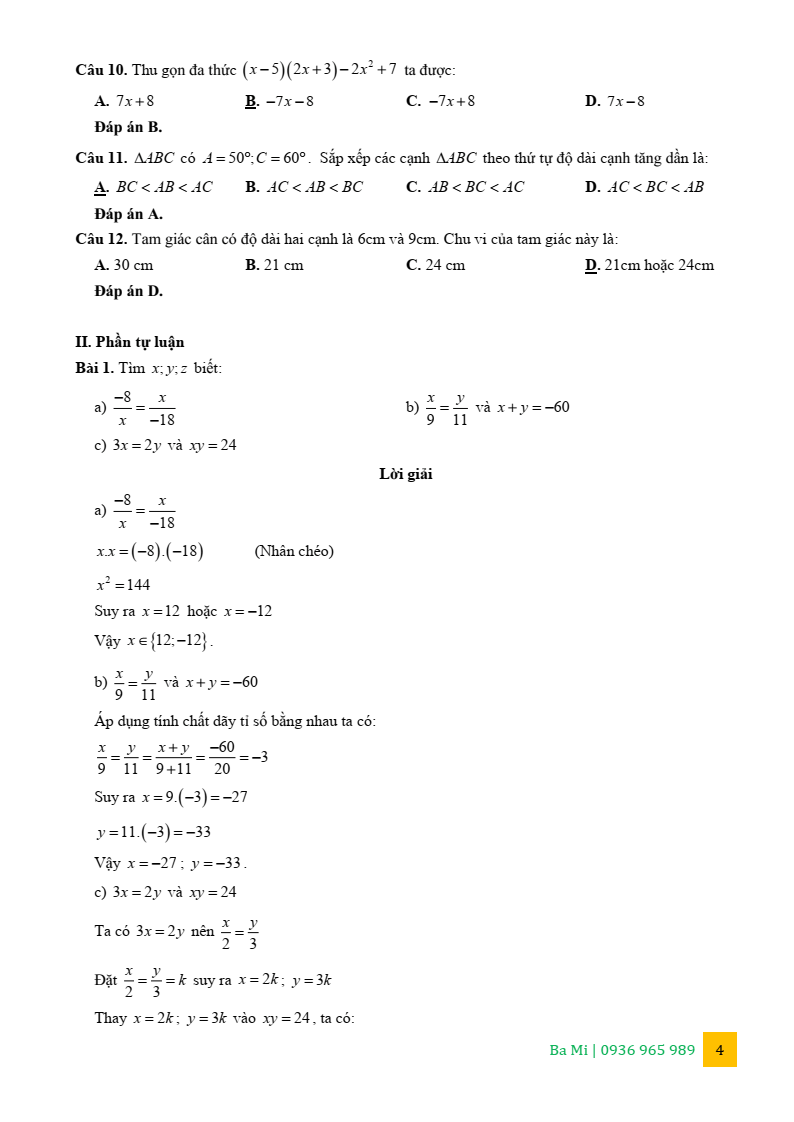 Đề thi Giữa kì 2 Toán 7 trường THCS Nguyễn Trãi (Hà Nội) năm 2025-2026