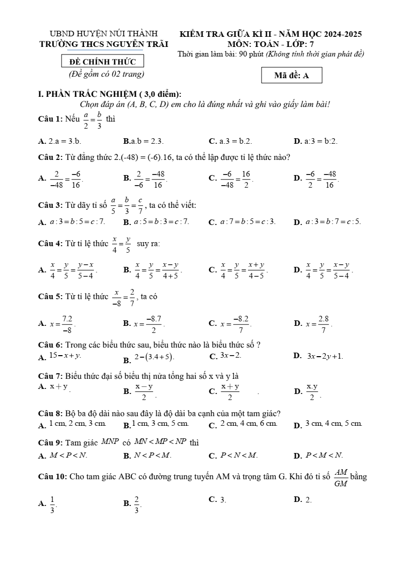 Đề thi Giữa kì 2 Toán 7 trường THCS Nguyễn Trãi (Quảng Nam) năm 2024-2025