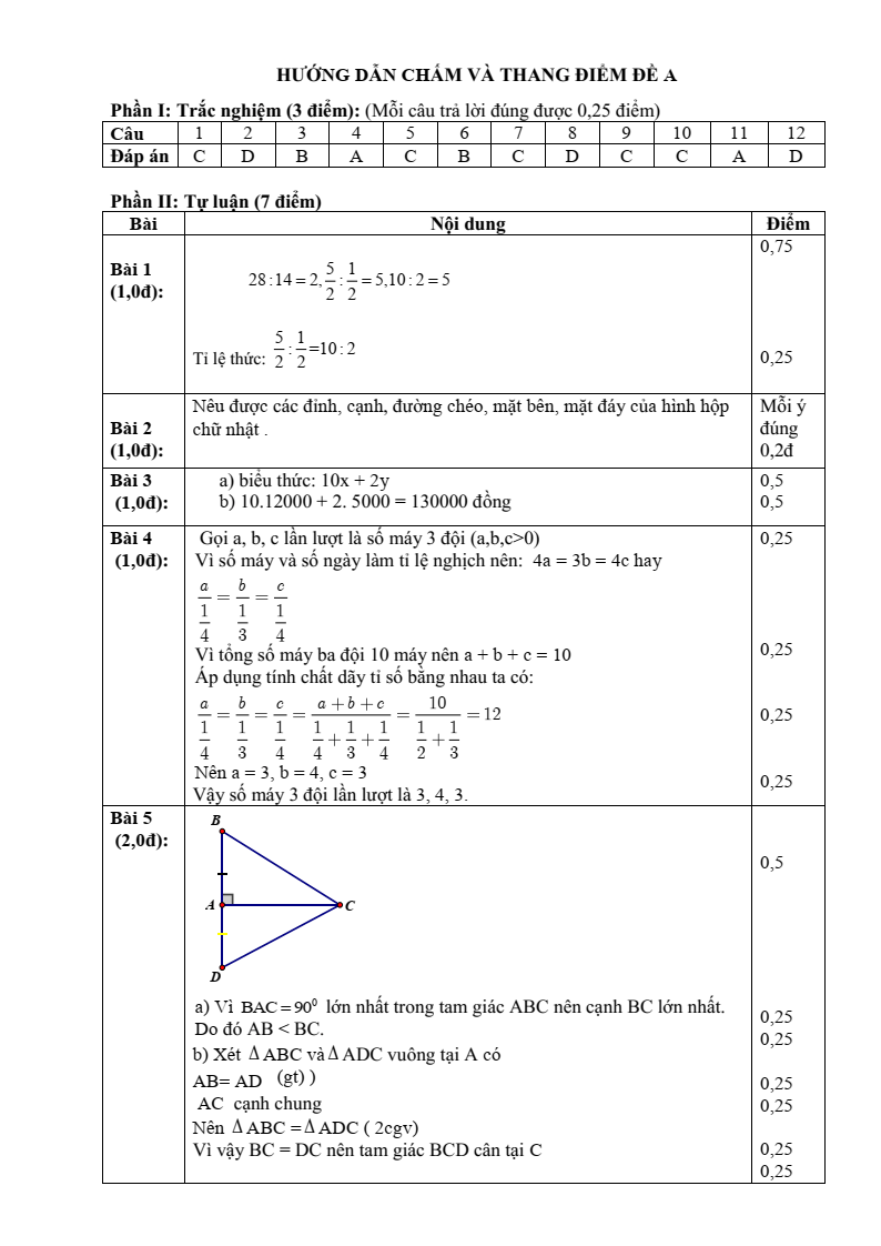 Đề thi Giữa kì 2 Toán 7 trường THCS Nguyễn Trãi (Quảng Nam) năm 2024-2025
