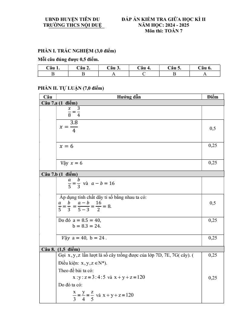 Đề thi Giữa kì 2 Toán 7 trường THCS Nội Duệ (Bắc Ninh) năm 2024-2025