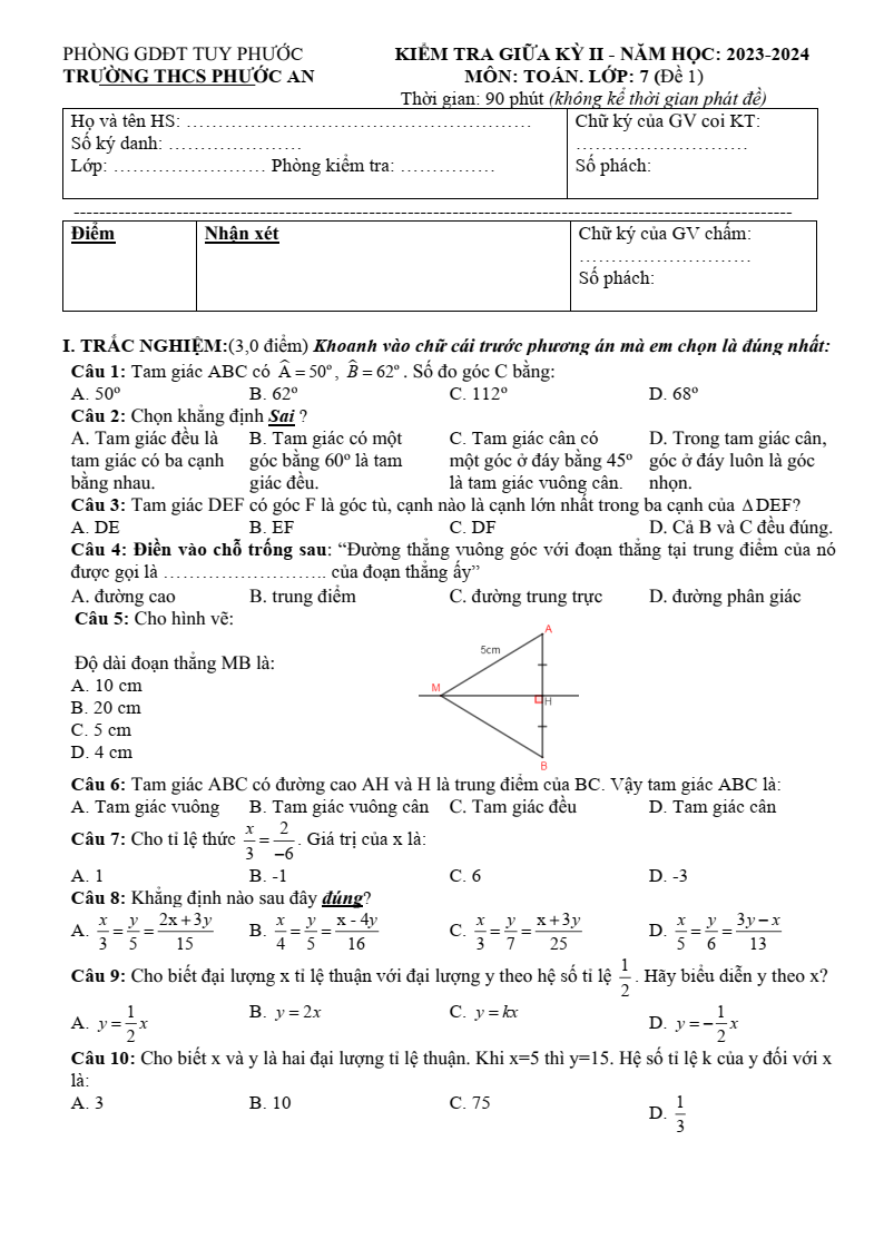 Đề thi Giữa kì 2 Toán 7 trường THCS Phước An (Bình Định) năm 2023-2024
