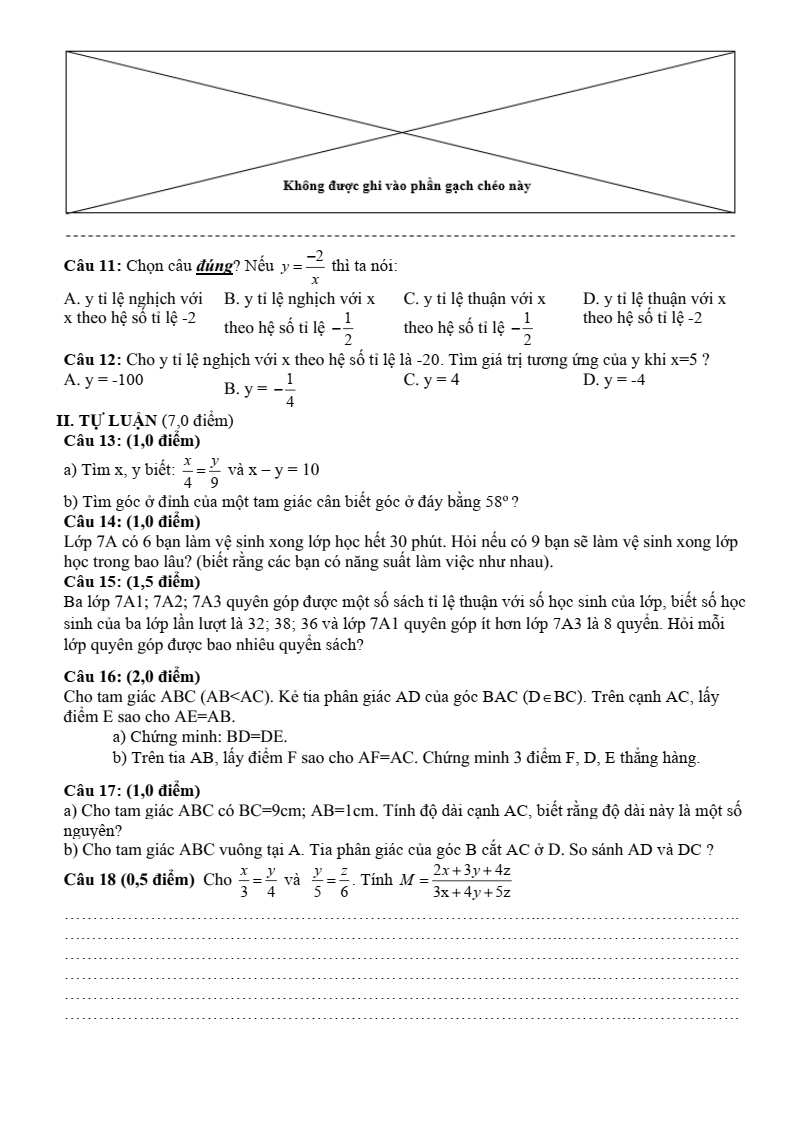 Đề thi Giữa kì 2 Toán 7 trường THCS Phước An (Bình Định) năm 2023-2024